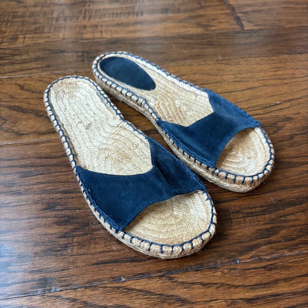 Made in Spain Navy Blue Suede Espadrille Slide Sandals Women’s 7.5 Jute Flat